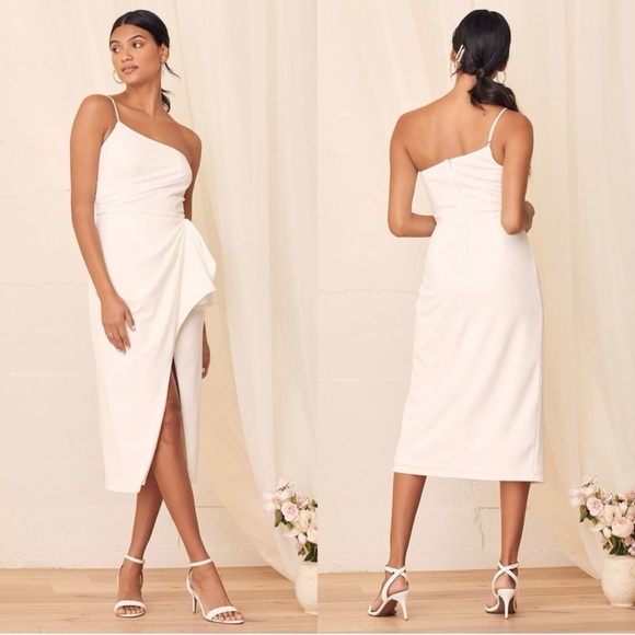 NWOT Lulus Love You Best White One-Shoulder Ruffled Tulip Midi Dress - Picture 1 of 9